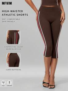 MFVIM Women's Autumn/Winter Colorblock Striped Sports Mid-Length Pants, Suitable For Daily Commute, Outdoor Jogging, Cycling, Yoga, Pilates, Gym Workout - Coffee Brown - View 1