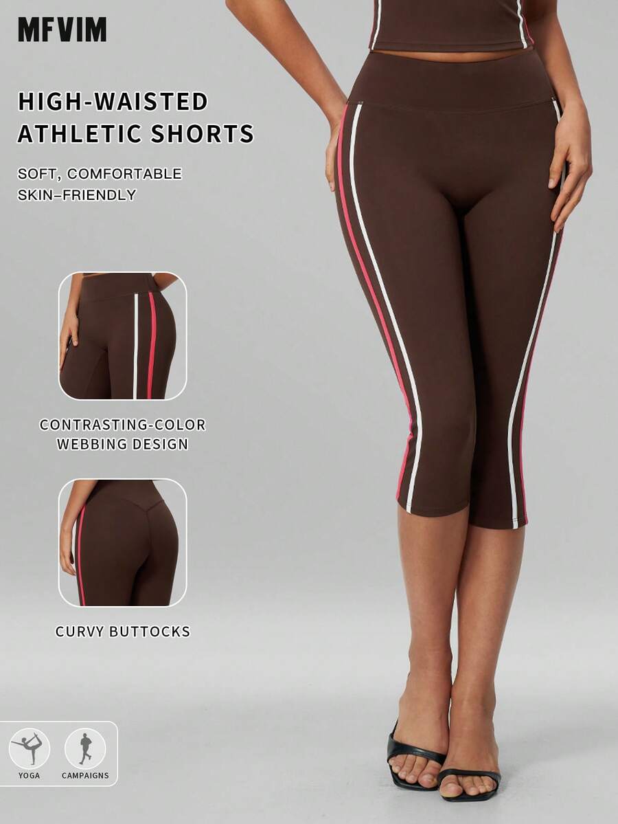 MFVIM Women's Autumn/Winter Colorblock Striped Sports Mid-Length Pants, Suitable For Daily Commute, Outdoor Jogging, Cycling, Yoga, Pilates, Gym Workout - Coffee Brown - View 1