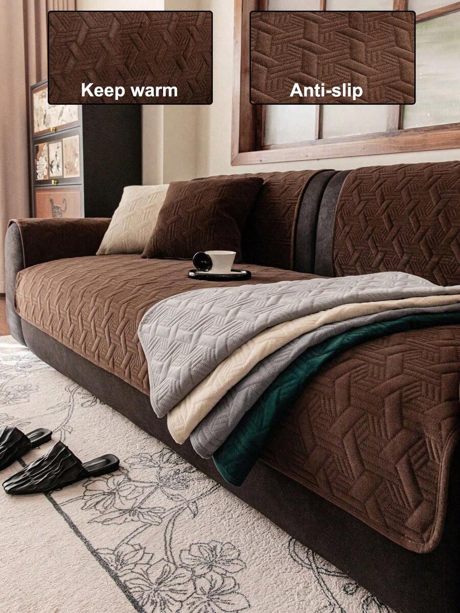 1pc Geometric 3D Solid Color Dutch Velvet Quilted Sofa Cushion, Minimalist Style, Non-Slip Back, Pet-Friendly, Soft Multi-Functional Anti-Dirt Anti-Dust, Holiday Decor Sofa Cushion, Backrest Cover Armrest Cover Universal, All-Season Sofa Cover - Khaki - View 1