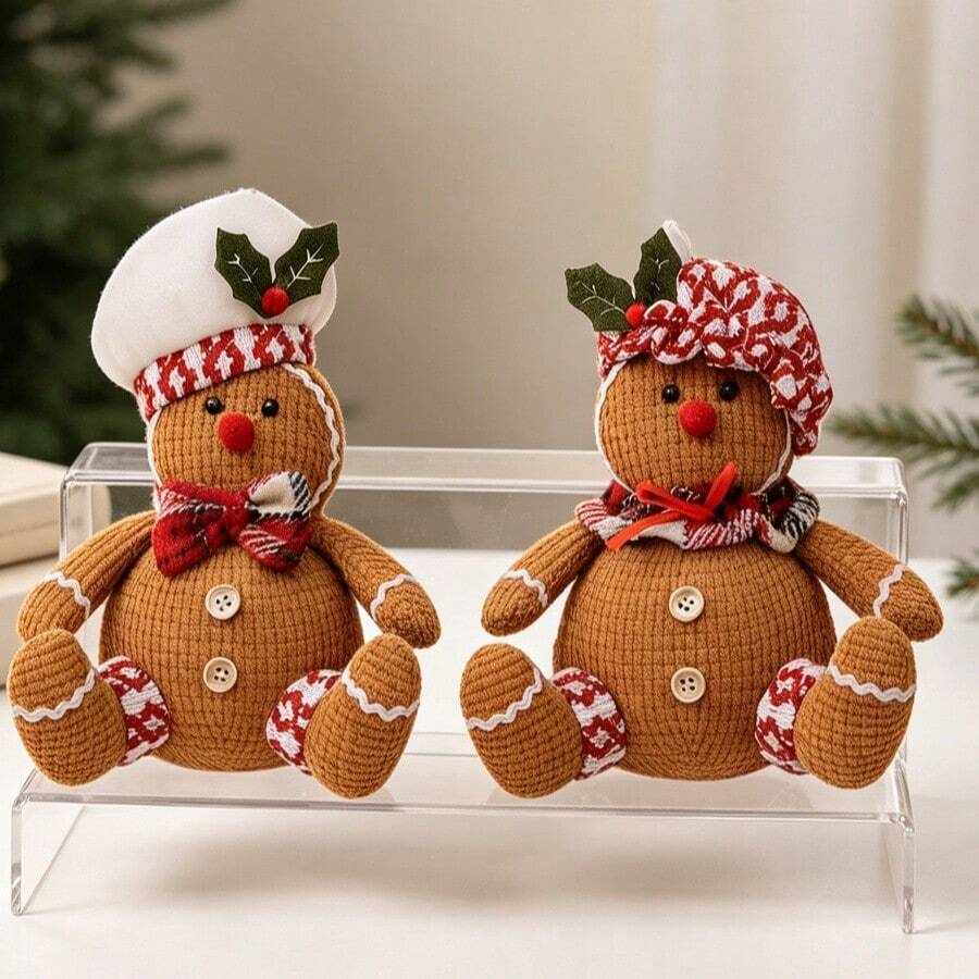 4pcs Vintage Red And White Plaid Gingerbread Man Figurines, Christmas Desktop & Window Display Decor, Christmas Party Gift - Multicolor - View 1