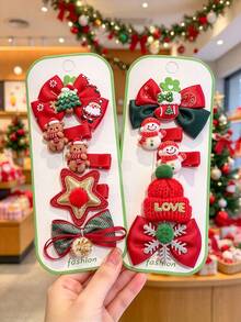 5pcs/Pack New Christmas Bow Hair Clips, Fully Covered Fabric Hair Clips, Deer & Snowflake Alligator Hair Clip Set, Christmas Essential - Multicolor - View 5