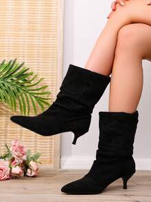 Black Solid Color Fashionable 2026 Kitten Heel High Heel Wedge Ankle Boots, Comfortable For Outdoor Winter Wear - Black - View 9