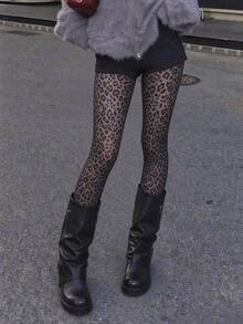 Women Leopard Print Sheer Mesh Tights, See-Through Skin Tone Pantyhose, Pattern Transparent Stockings For Daily & Party - Black - View 7