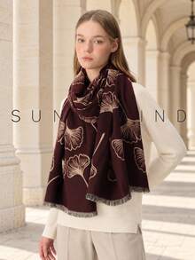 1pc Women's Ginkgo Leaf Pattern Casual Commute Daily Versatile Polyester Scarf, Suitable For All Seasons - Burgundy - View 3