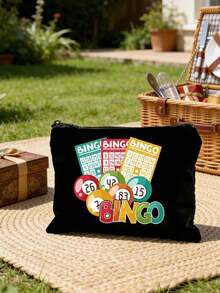 Bingo Letter Print Travel Toiletry Bag, Colorful Ribbon Decor, Cartoon Fun Multi-Function Canvas Bag, Charger Storage Bag, Travel Makeup Essentials Bag: Women's Travel Essentials Bag, Unisex Zipper Bag, Lightweight Travel - Multicolor - View 3