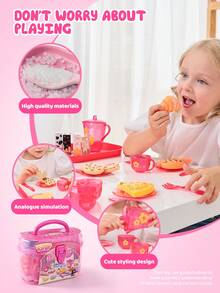 Kids Pretend Tea Party Toy Set, Pretend Play Tableware With Teapot, Cups, Pizza, Bread, Macaroon & Dessert, Role Play Food Kit For Girls Age 2+ - Multicolor - View 4