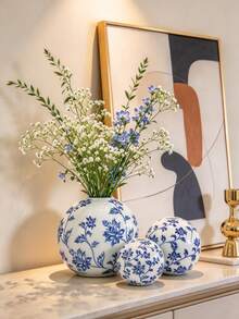 Blue And White Porcelain Ceramic Vase, Round Ball Shaped Decorative Flower Vase For Home Tabletop Decor - 1PC - View 8