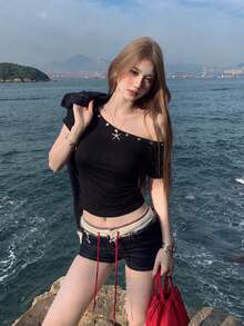Women's Asymmetric Ruched Waist T-Shirt, Asymmetric Shoulder Short Sleeve Crop Top, Casual Black Summer - Black - View 2