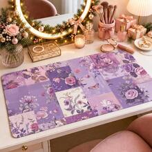 1pc Purple Patchwork Floral Butterfly Desk Mat, Multi-Purpose Makeup Nail Art Table Pad, Large Non Slip Desktop Protector S/M/L/XL - View 4