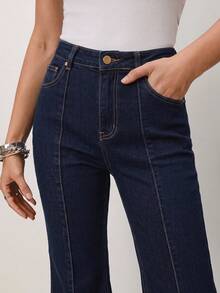 Women's European And American Style Slim Fit Flared Jeans, Long Leg-Lengthening Fashionable Daily Vintage Flare Denim Pants - Dark Wash - View 3