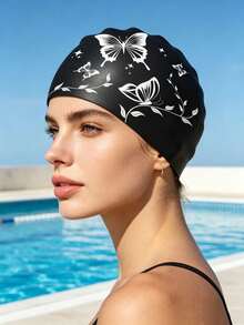 1pc Women's Silicone Swim Cap, Elastic Swimming Cap - Soft, Stretchy, Non-Slip, Comfortable, Fashionable, Butterfly And Star Pattern - Black - View 5