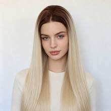 13*4 HD Transparent Lace Front Straight Synthetic Wig, 30 Inch Brown Root Ombre Blonde Glueless Heat Resistant Wig, 180% Density Smooth Wig, Suitable For Daily Wear, Festivals And Parties - Two-Tone - View 1