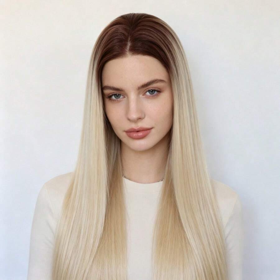 13*4 HD Transparent Lace Front Straight Synthetic Wig, 30 Inch Brown Root Ombre Blonde Glueless Heat Resistant Wig, 180% Density Smooth Wig, Suitable For Daily Wear, Festivals And Parties - Two-Tone - View 1
