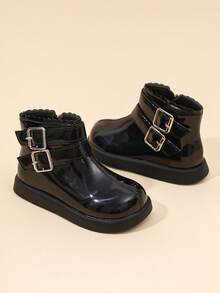 Rongshu Kids' Glossy Ankle Boots, Stylish And Comfortable Ankle Boots With Double Buckle Decor And Side Zipper, Suitable For Daily Wear - Black - View 5