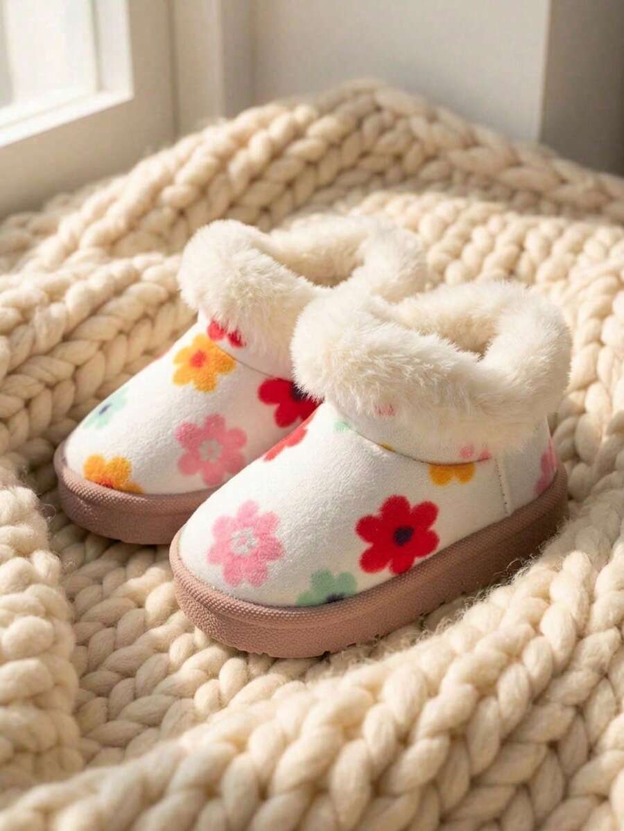 女童彩色花卉冬季保暖內裡雪地靴 | 舒適保暖短靴 | 可愛甜美厚底休閒款 | 適合日常室內外穿著 - 白色 - 查看 1