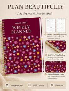 1pc Non-Dated Weekly Planner, Floral Cover Weekly & Monthly Schedule Book With Gold Twin-Wire Binding For Goals, Work & Study, Office Desk Accessories, Bible Study Materials, Christmas Gifts - Rectangle - View 4