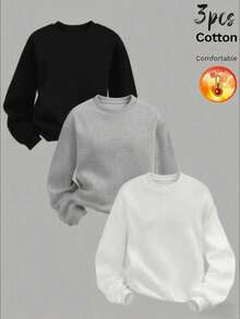 Women's Rib-Knit Long Sleeve Casual Sweatshirt Round Neck Warm Pullover Top Fall Winter, 3 Packs, Soft Stretch Fabric - Multicolor - View 3