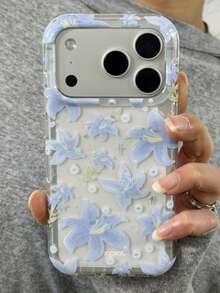 Simple Blue Lily Pattern Glitter Shiny Sequins Clear Phone Case Compatible With IPhone 18 Pro Max 18 Pro 17 Pro Max 16 15 Pro Max 13 14 Pro 14 15 16 Plus 17 13 15 16 Cute Withe Flowers Design Shockproof Glossy Cover - Blue Lily - View 4