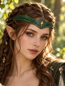 1pc Green PU Leather Elf Headband, Vine Pattern Forest Crown Headpiece With Gold Rhombus Decoration, Medieval Renaissance Fantasy Cosplay LARP Halloween Costume Accessory - TD - View 1