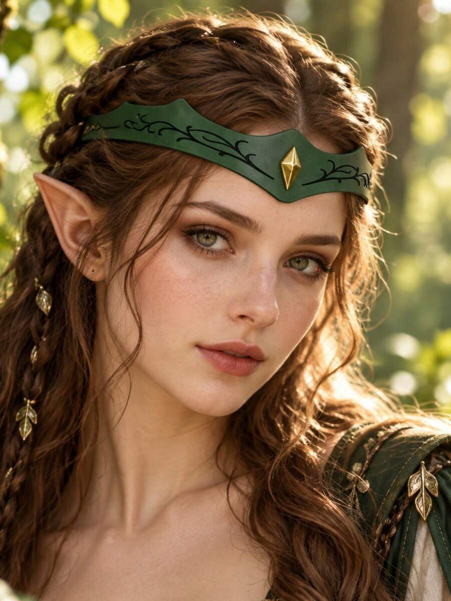 1pc Green PU Leather Elf Headband, Vine Pattern Forest Crown Headpiece With Gold Rhombus Decoration, Medieval Renaissance Fantasy Cosplay LARP Halloween Costume Accessory - TD - View 1