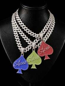 European & American Hip Hop Colorful Full Rhinestone Spade A Pendant Cuban Chain, Personalized Street Style Rhinestone Men's Necklace, Rap Accessory - Silver - View 1