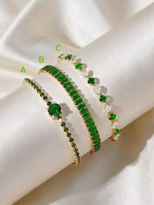 3pcs Luxury Gold-Tone Copper Women's Bracelet Set, Emerald Green Cubic Zirconia Inlaid, Stackable Tennis Chain Jewelry For Wedding, Party, Gift - Green - View 6