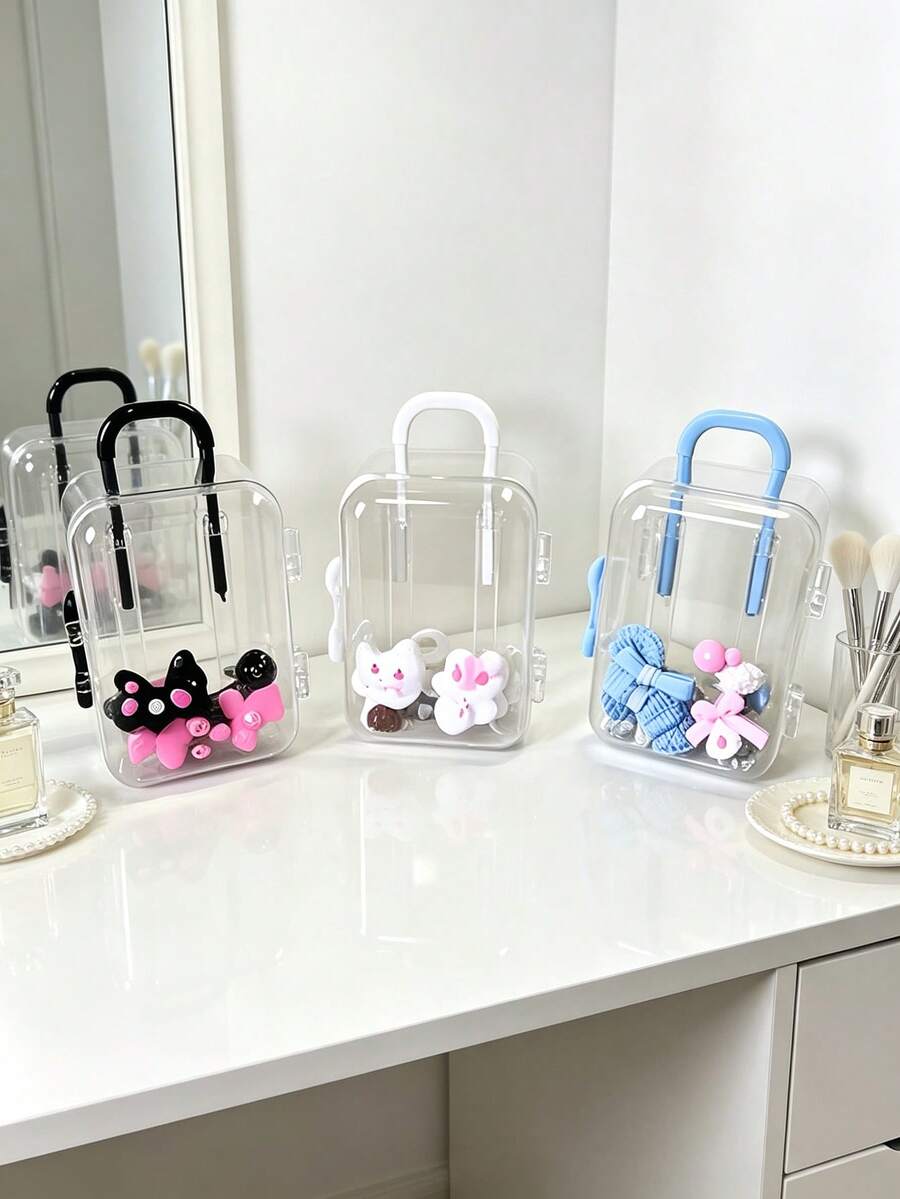 Mini Suitcase Storage Box, Clear Acrylic Mini Luggage Organizer With Handle Wheels, Cute Desk Decor For Hair Accessories Jewelry, Women Girls Travel Essentials - Clear - View 1