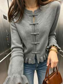 Women's Fashion Versatile Casual Solid Color Button Long Sleeve Daily Cardigan Sweater - Grey - View 1