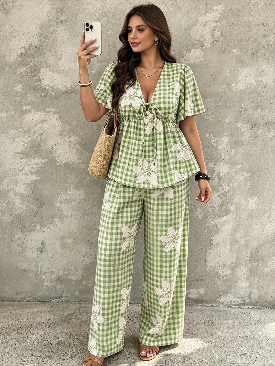 Women's Plus Size Spring/Summer Vacation Plaid Print V-Neck Ruffle Sleeve Cinched Waist Blouse And Loose Pants 2pcs Set - Multicolor - View 1