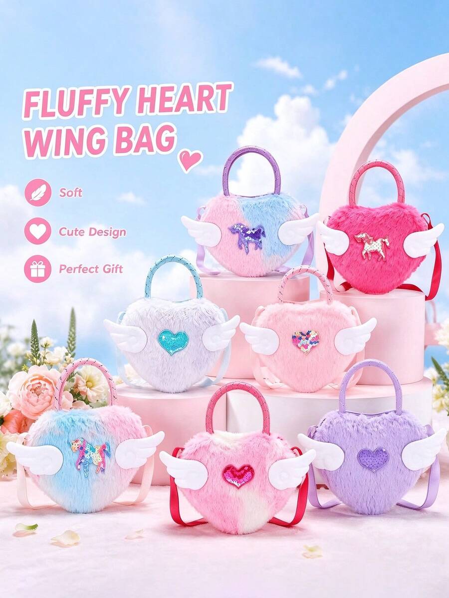 1pc Cute, Colorful, Heart-Patterned Plush Unicorn Crossbody Bag-A Creative New Cartoon-Style Bag, Perfect As A Gift For Children. - Multicolor - View 1