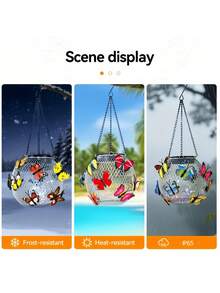 Glass Solar Hanging Light, Colorful Butterfly Decorative Lamp, Waterproof Auto On/Off LED Fairy Light, Outdoor Patio Garden Porch Hanging Decor, Christmas Halloween Party Yard Landscape Decoration - Round - View 3