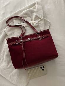 1pc Red Large Capacity Faux Suede Tote Bag Women's Shoulder Bag - Red - View 4