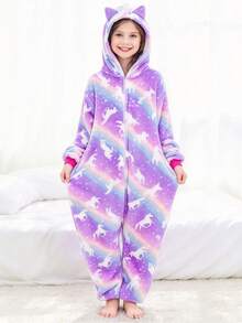 Baju Terusan Kasual Sehari-hari Motif Unicorn Ungu dan Telinga Kucing untuk Anak Perempuan Remaja - MultiWarna - View 2