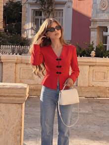 Women's V-Neck Frog Button Ruffle Trim Jacket, Long Sleeve Slim Fit Cropped Outerwear - Red - View 2