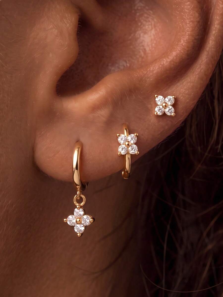 3pcs/Set Women's Lucky Zirconia Earrings Set, Light Luxury Minimalist Hoop & Stud Earrings, European & American Style Layered Earrings - Gold - View 1