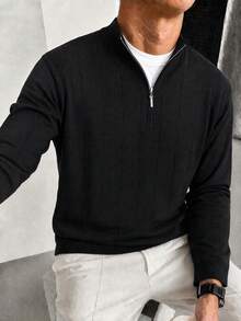 Sweater Polo Pria Musim Gugur/Dingin Serbaguna Bergaris Potongan Slim Fit Bahu Reguler Kerah Resleting Lengan Panjang - Hitam - View 5