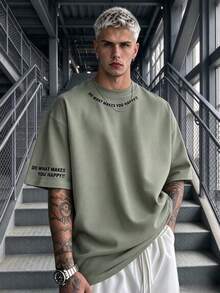 Men's Minimalist Printed Crew Neck Casual Loose Short Sleeve T-Shirt, Suitable For Summer Wear, Comfortable & Breathable, Leading Fashion - Olive Green - View 2