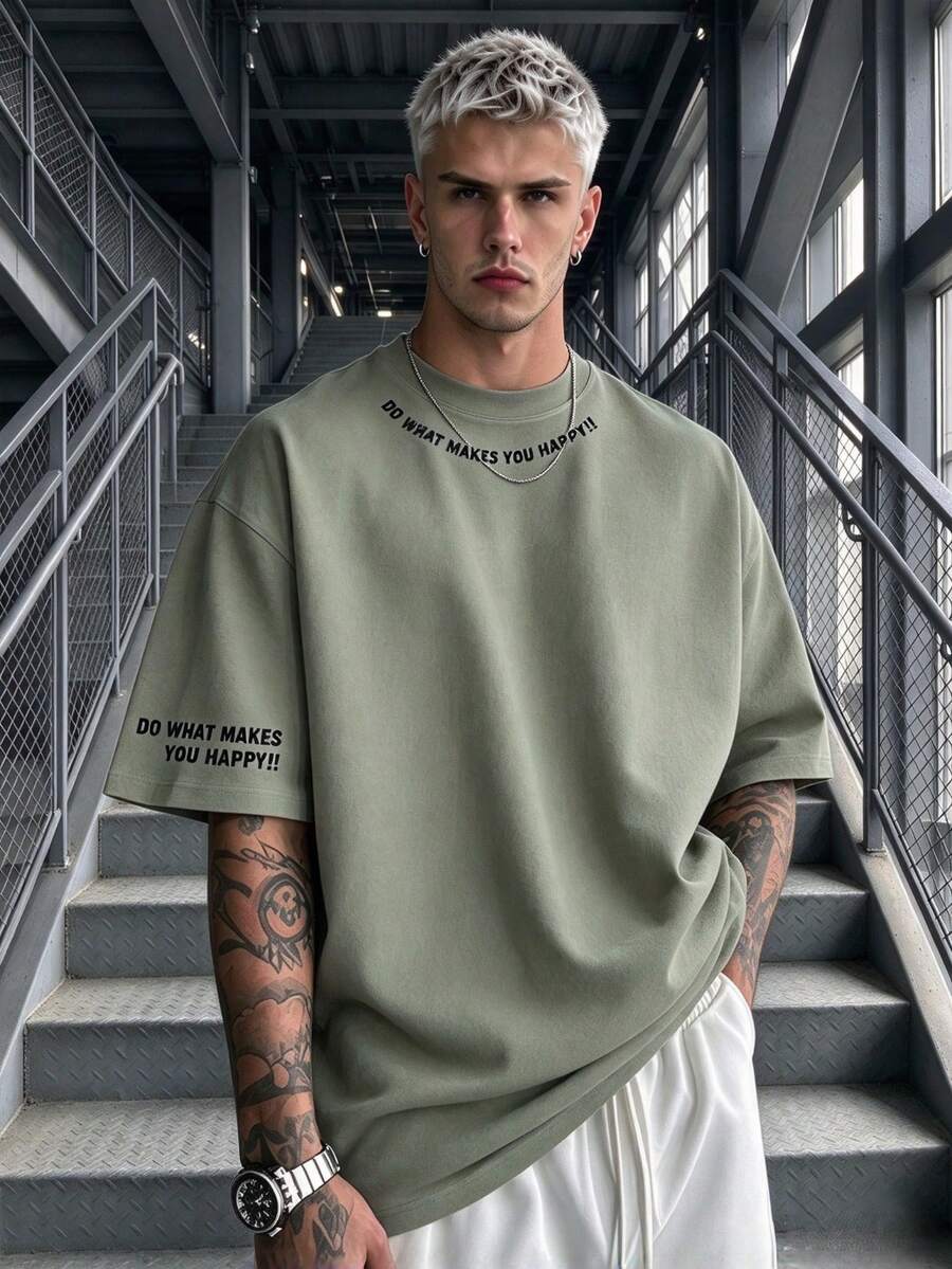 Men's Minimalist Printed Crew Neck Casual Loose Short Sleeve T-Shirt, Suitable For Summer Wear, Comfortable & Breathable, Leading Fashion