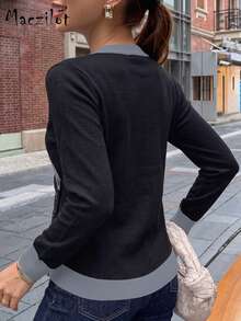 Plus Size Women Fall Winter Wrap V Neck Color Block Button Knit Sweater, Slim Fit Long Sleeve Pullover For Commute Date Daily Outing - Black - View 5