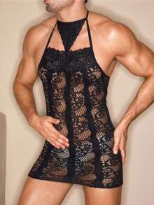 Men's Sexy Fishnet Knit Stretch Nightgown, Bodycon Hollow Out Sheer Lingerie - Black - View 4