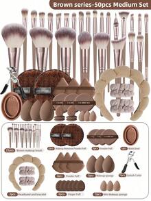 55pcs Full Function Synthetic Makeup Brush Set, Super Soft Fiber Bristles, Including Foundation Brush, Powder Brush, Blush Brush, Concealer Brush, Highlighter Brush, Eyebrow Brush, Eyeshadow Brush, Complete Facial Makeup Tools, Suitable For Daily Home Use, Portable And Professional - Coffee Brown - View 1
