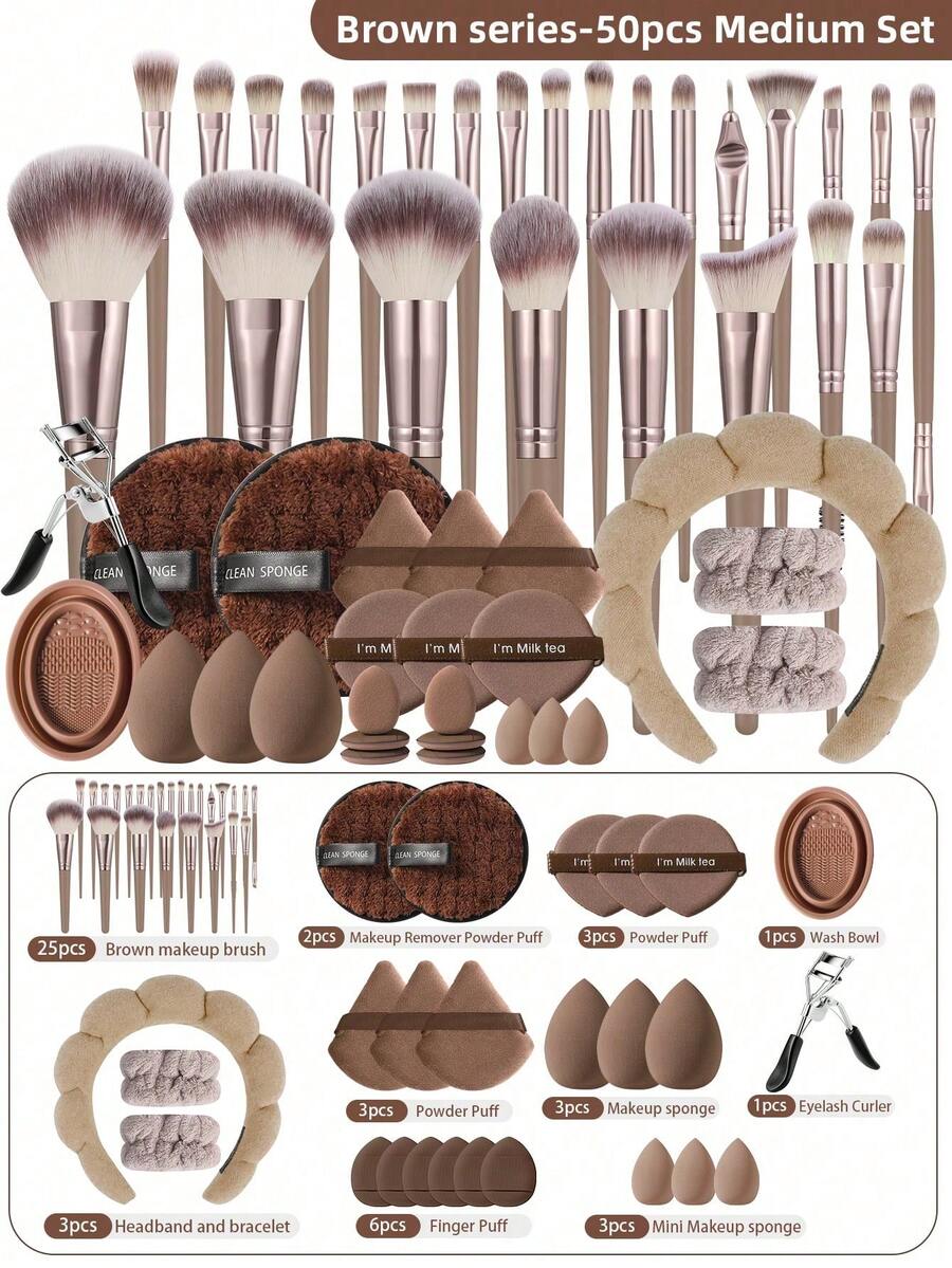 55pcs Full Function Synthetic Makeup Brush Set, Super Soft Fiber Bristles, Including Foundation Brush, Powder Brush, Blush Brush, Concealer Brush, Highlighter Brush, Eyebrow Brush, Eyeshadow Brush, Complete Facial Makeup Tools, Suitable For Daily Home Use, Portable And Professional - Coffee Brown - View 1