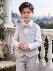 4pcs/Set Young Boys Formal Suit, Suitable For School, Wedding, Party And Other Occasions, Including Double-Breasted Vest, Pants, Long Sleeve Shirt And Tie - Light Grey - View 1