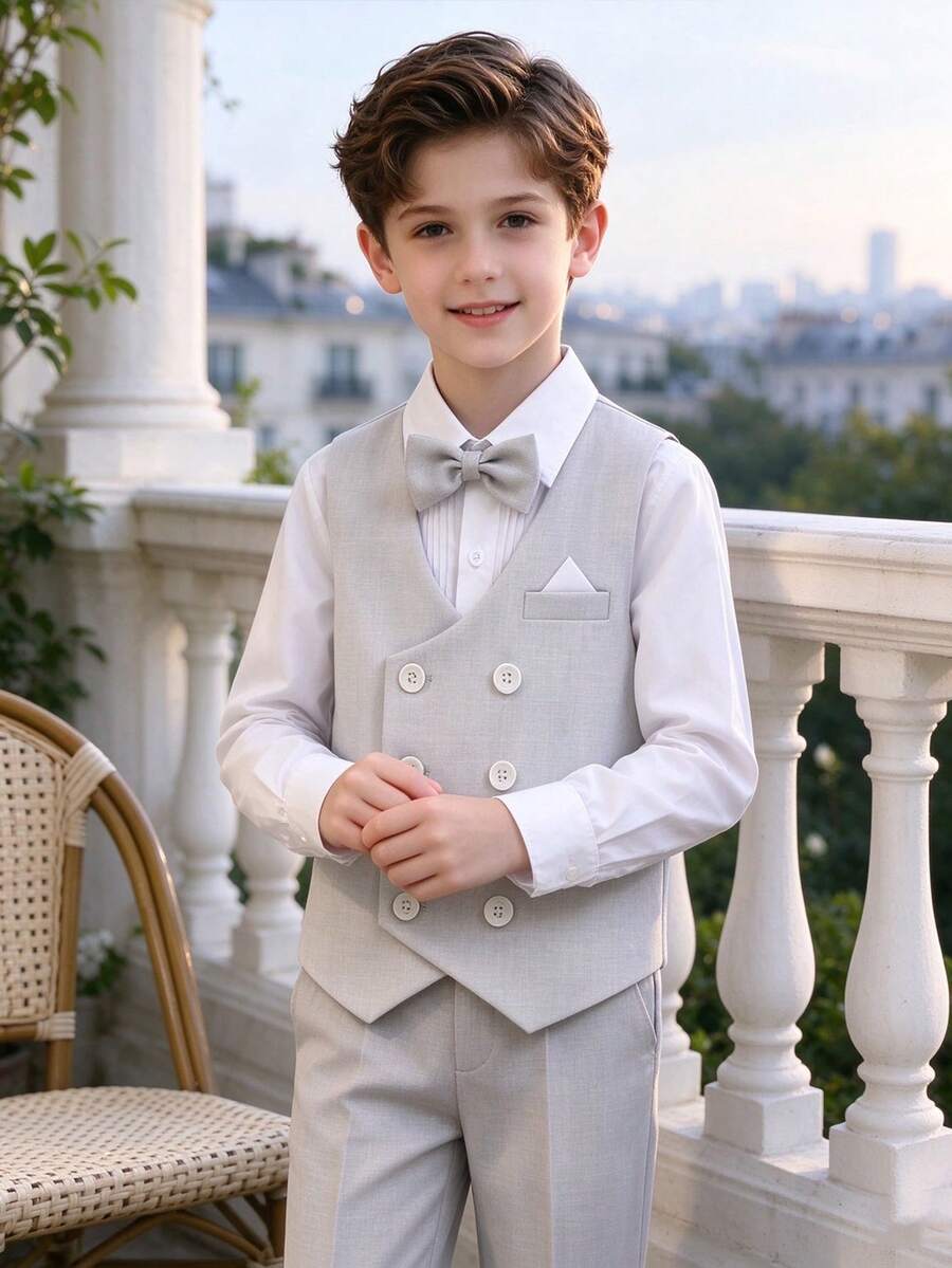 4pcs/Set Young Boys Formal Suit, Suitable For School, Wedding, Party And Other Occasions, Including Double-Breasted Vest, Pants, Long Sleeve Shirt And Tie - Light Grey - View 1