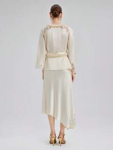 Rich Radi Q's Women's V-Neck Beige Hollow Embroidery T-Shirt, Ruffle ...