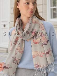 1pc Women's Gold Thread Animal Cartoon Kitten Cute Lively Sweet Versatile Fashion Polyester Scarf For All Seasons Daily Wear - Light Grey - View 2