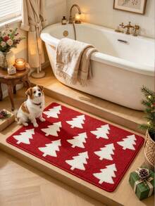1pc Christmas New Arrival - Red Background White Christmas Tree Rectangular Bathroom Mat, Christmas Holiday Doorway Absorbent Foot Mat, Simple Cartoon Plush Rug, Bathroom Carpet, Holiday Atmosphere Home Decor, Christmas Home Gift - A - View 3
