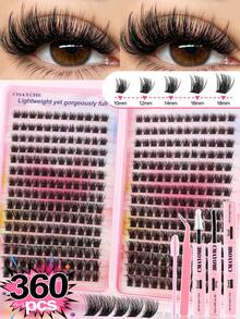 CMAYOME 360片裝 C捲豐盈濃密假睫毛套組，含睫毛膠、鑷子與睫毛刷，10-16mm 貓眼動漫風睫毛簇，睫毛膠黏合密封 - 彩色 - 查看 14