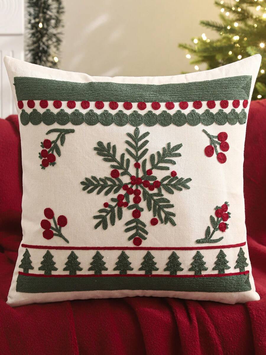 Miater 1pc/2pcs Christmas Decorative Pillow Case Embroidered Canvas Snowflake Sofa Living Room Bedroom Home Decor Holiday Gift - Green - View 1