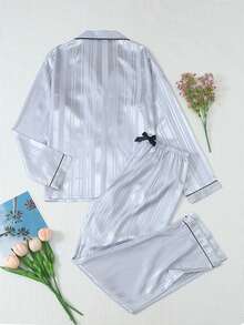 2pcs Satin Striped Pajama Set, Sweet & Cute Lapel Button Long Sleeve Top And Pants, Women's Sleepwear And Loungewear For Home Use - Grey - View 2